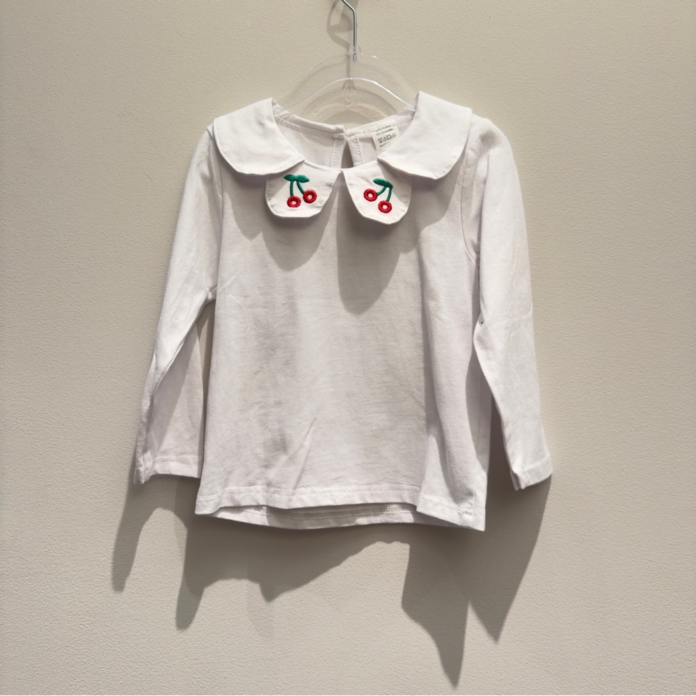 Cherry Embroidered White Kids Long Sleeve Shirt Size 120 Chinese Size 45/55 lbs